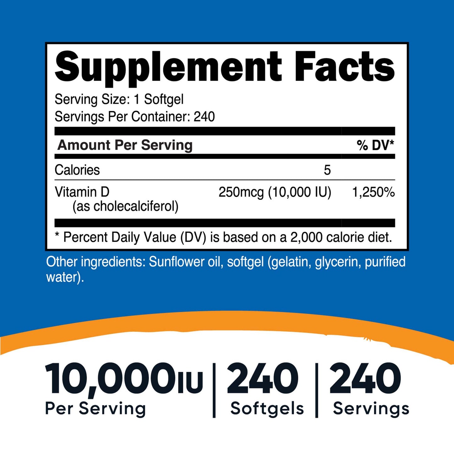 Dietary Supplement nutricost® Vitamin D3 10,000 IU Strength Softgel 240 Per Bottle