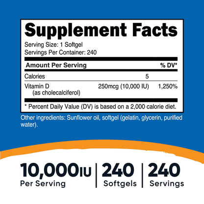 Dietary Supplement nutricost® Vitamin D3 10,000 IU Strength Softgel 240 Per Bottle