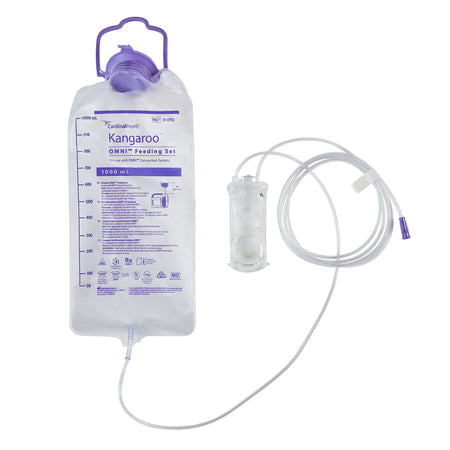 An unboxed Cardinal Health B10FD feeding set displaying the large 1000 mL graduated bag, integrated tubing, and proprietary OMNI pump cassette.
