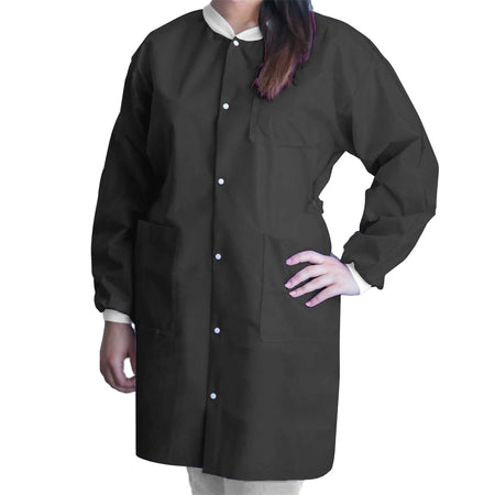 Dukal UGC-6600-L Lab Coat FitMe Black Large Knee Length 3-Layer SMS Disposable