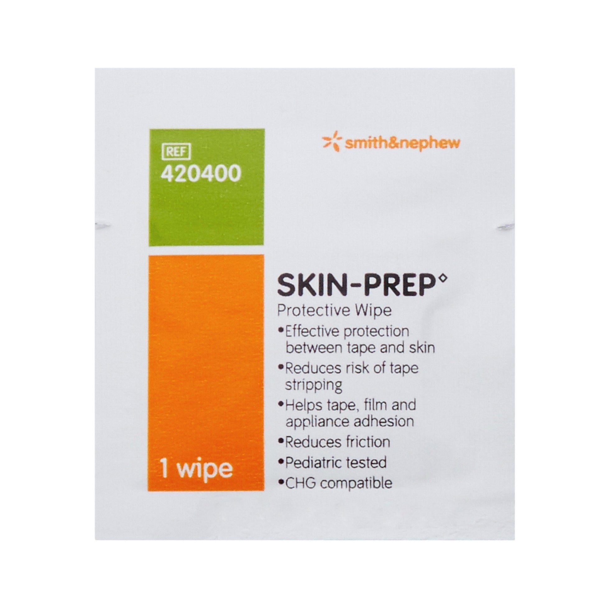 An individual packet of Smith & Nephew SKIN-PREP liquid film forming dressing wipe for medical adhesive protection.