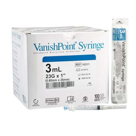 Retractable Technologies 10311 VanishPoint 3 mL Syringe with Hypodermic Needle, 23 Gauge
