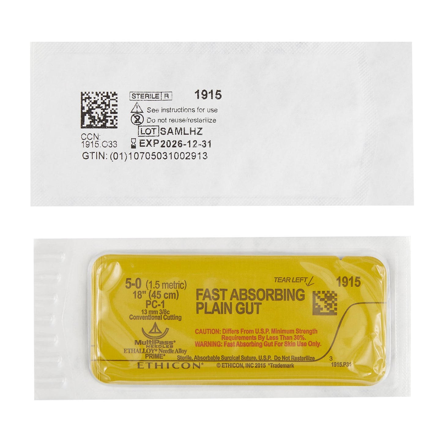 Ethicon 1915G Fast Absorbing Gut Plain Gut PC-1 3/8 Circle Precision Conventional Cutting Needle Size 5-0 Monofilament