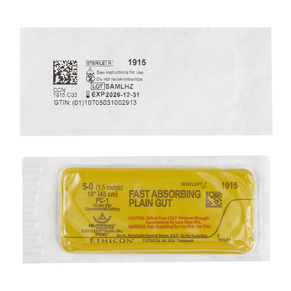 Ethicon 1915G Fast Absorbing Gut Plain Gut PC-1 3/8 Circle Precision Conventional Cutting Needle Size 5-0 Monofilament