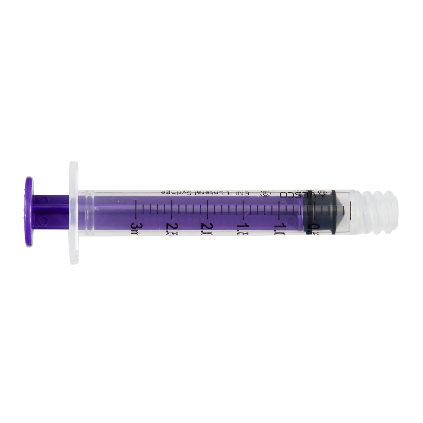 An unboxed Vesco VED-603EO 3 mL enteral low dose syringe showing the clear plastic barrel, purple plunger, and included tip cap.