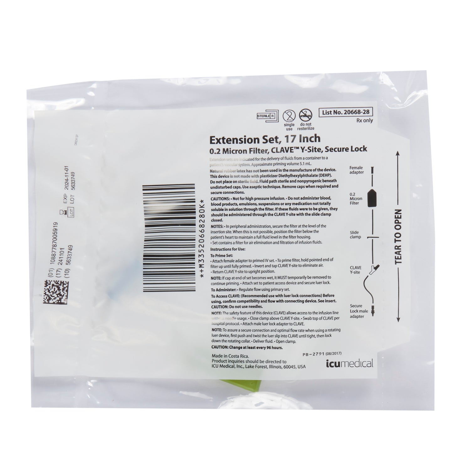 ICU Medical 2066828 IV Extension Set LifeShield® Needle-Free Port Macro Bore 17 Inch Tubing With Filter