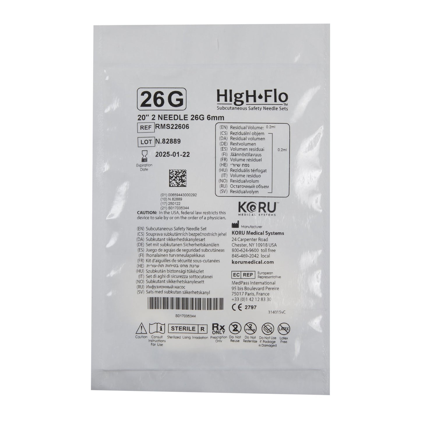 Sub-Q Infusion Set HIgH-Flo™2 2 X 26 Gauge 6 mm 20 Inch Tubing Without Port