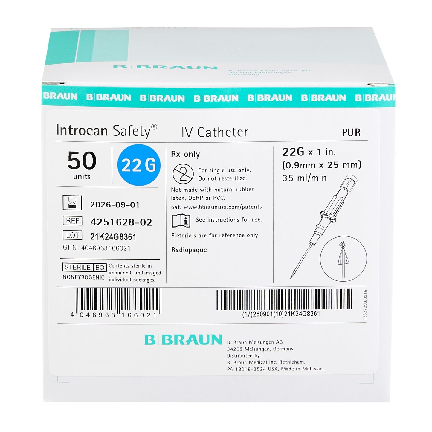 Introcan Safety® Peripheral IV Catheter, 22 Gauge, Straight