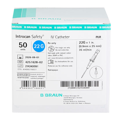 Introcan Safety® Peripheral IV Catheter, 22 Gauge, Straight