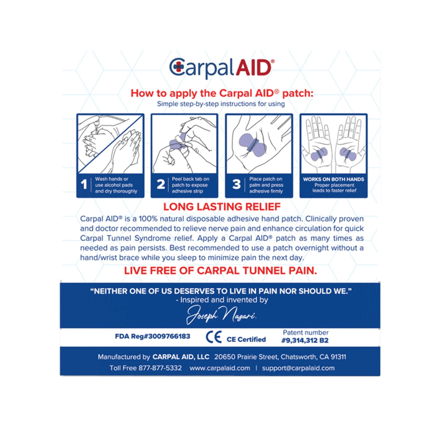 CarpalAid® Patch Hand-Based Carpal Tunnel Support, Large