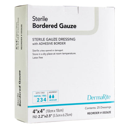 In-stock DermaRite 00262E 4x4 inch bordered gauze adhesive dressings ready for local pickup at Lexicon Medical Supply in Tucson, AZ.
