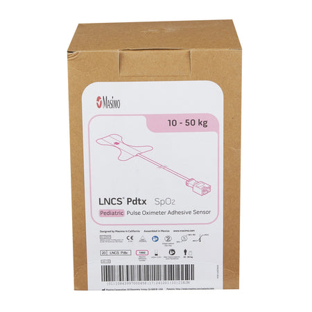 A wholesale box of 20 genuine Masimo 1860 LNCS pediatric adhesive disposable SpO2 pulse oximeter sensors at Lexicon Medical Supply.