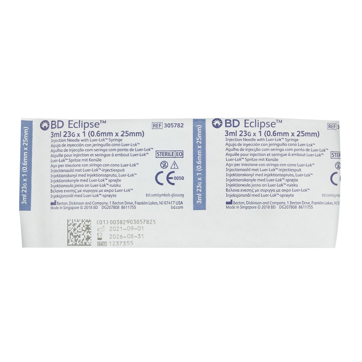 BD 305782 Eclipse™ 3 mL Syringe with Hypodermic Needle, 23 Gauge, 1 Inch