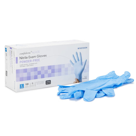 McKesson 14-678C Confiderm 6.5CX Nitrile Extended Cuff Length Exam Glove, Large, Blue