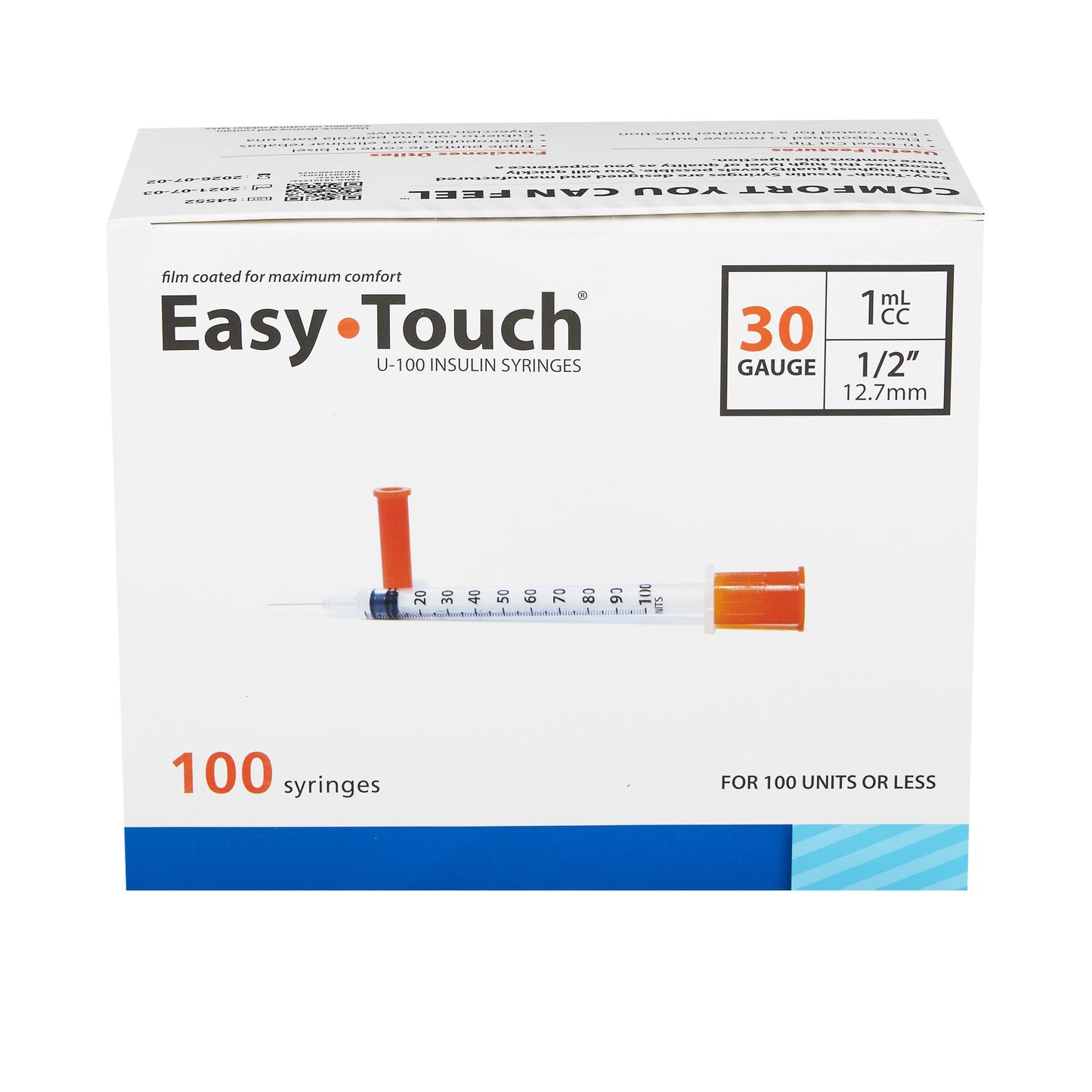 Standard Insulin Syringe with Needle EasyTouch™ 1 mL 1/2 Inch 30 Gauge NonSafety Thin Wall
