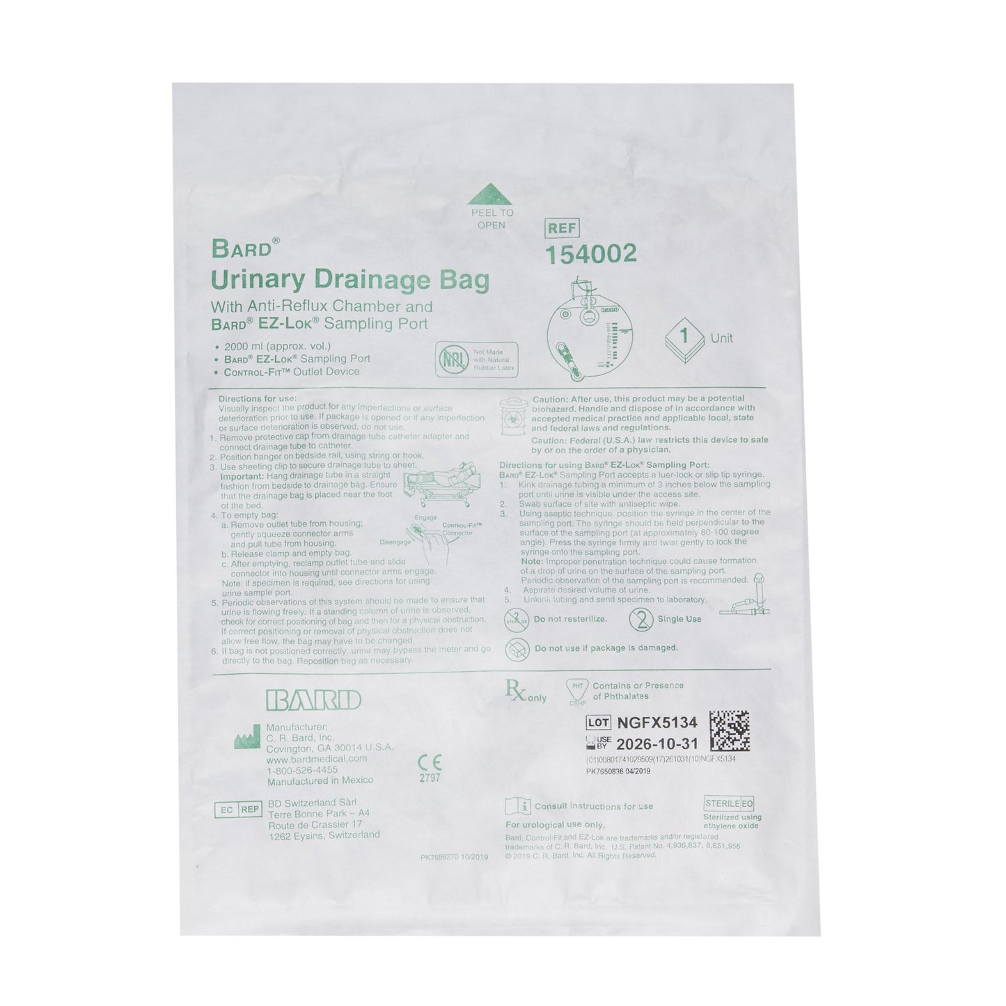 Bard® Urinary Drain Bag with Anti-Reflux, 1 Hook, 2000 mL