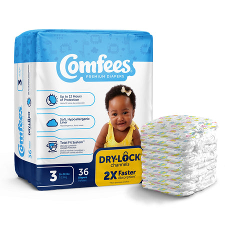 Attends CMF-3 Comfees Premium Diapers, Unisex, Baby, Tab Closure, Size 3