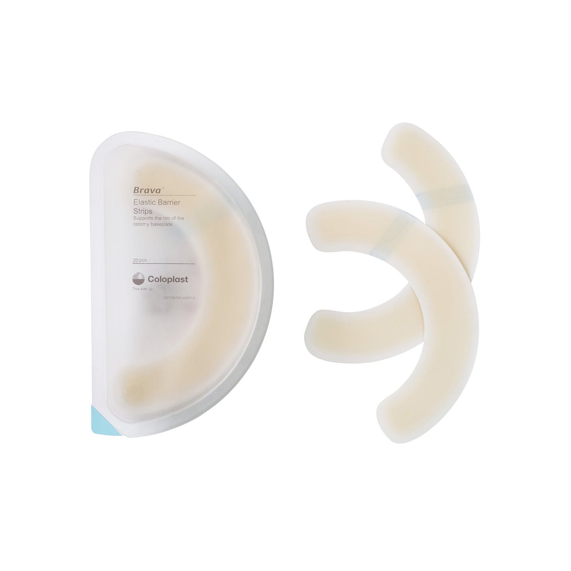Application diagram of curved Coloplast 120700 Brava elastic barrier strips framing an ostomy flange to prevent wafer edge lifting