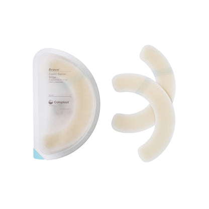 Application diagram of curved Coloplast 120700 Brava elastic barrier strips framing an ostomy flange to prevent wafer edge lifting
