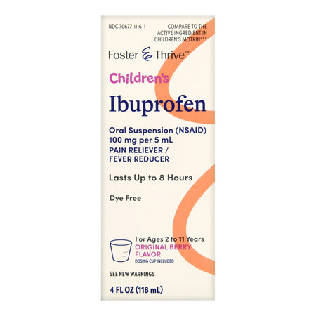 McKesson 70677111601 Foster & Thrive Children's Ibuprofen Oral Suspension, Original Berry, 4 ounces