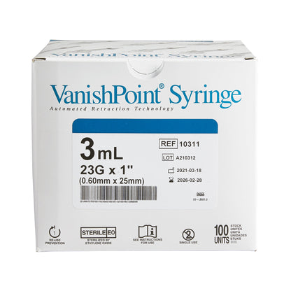 VanishPoint® 3 mL Syringe with Hypodermic Needle, 23 Gauge, 1 Inch Needle Length