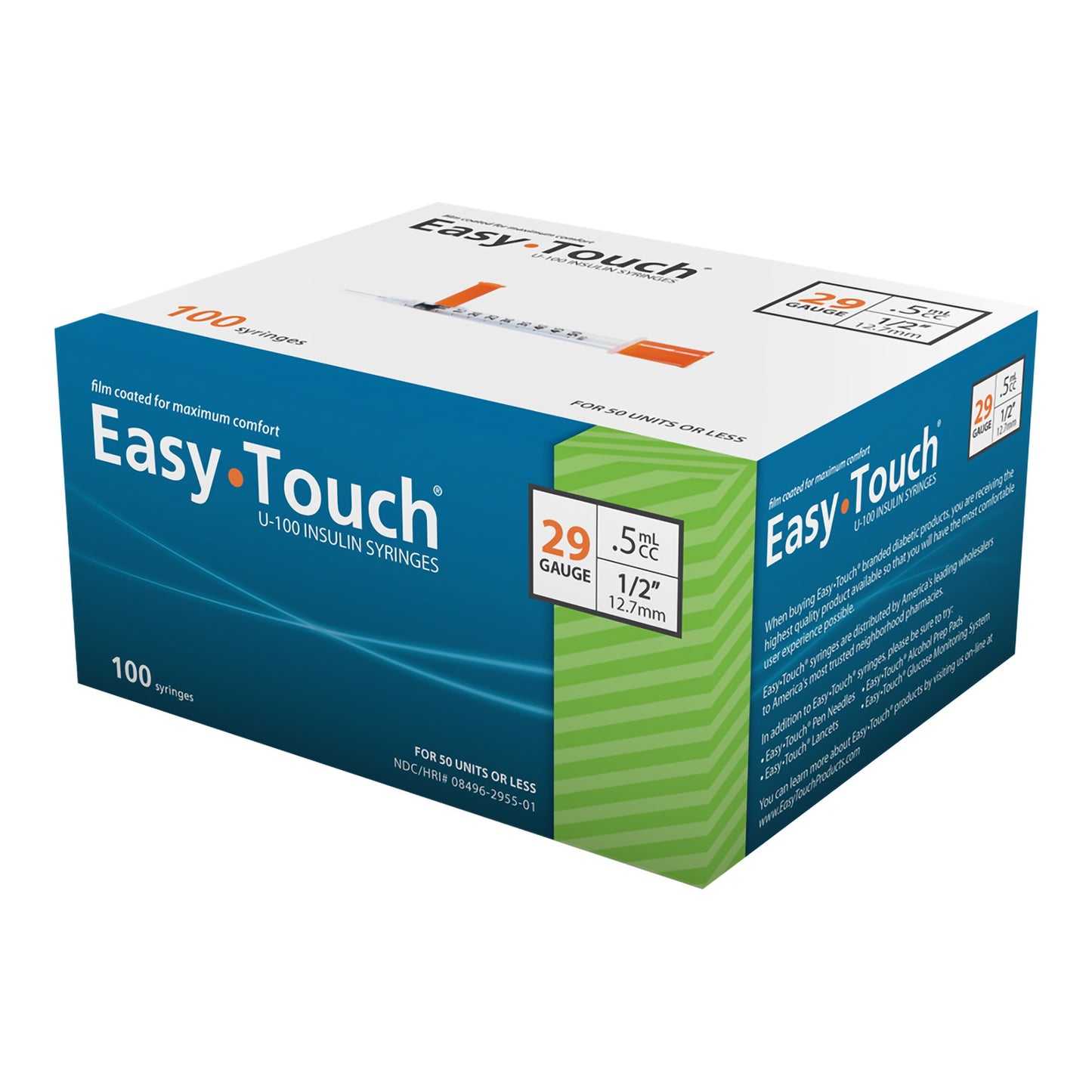 Standard Insulin Syringe with Needle EasyTouch™ 0.5 mL 1/2 Inch 29 Gauge NonSafety Thin Wall