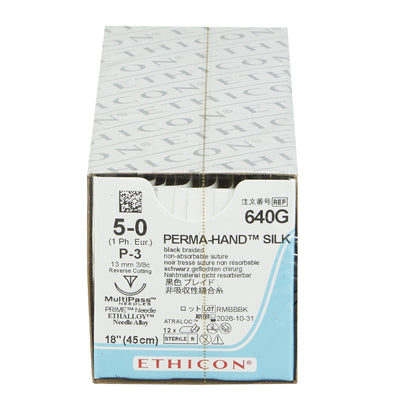 Ethicon 640G Nonabsorbable Suture with Needle Perma-Hand™ Silk P-3 3/8 Circle Precision Reverse Cutting Needle Size 5-0 Braided