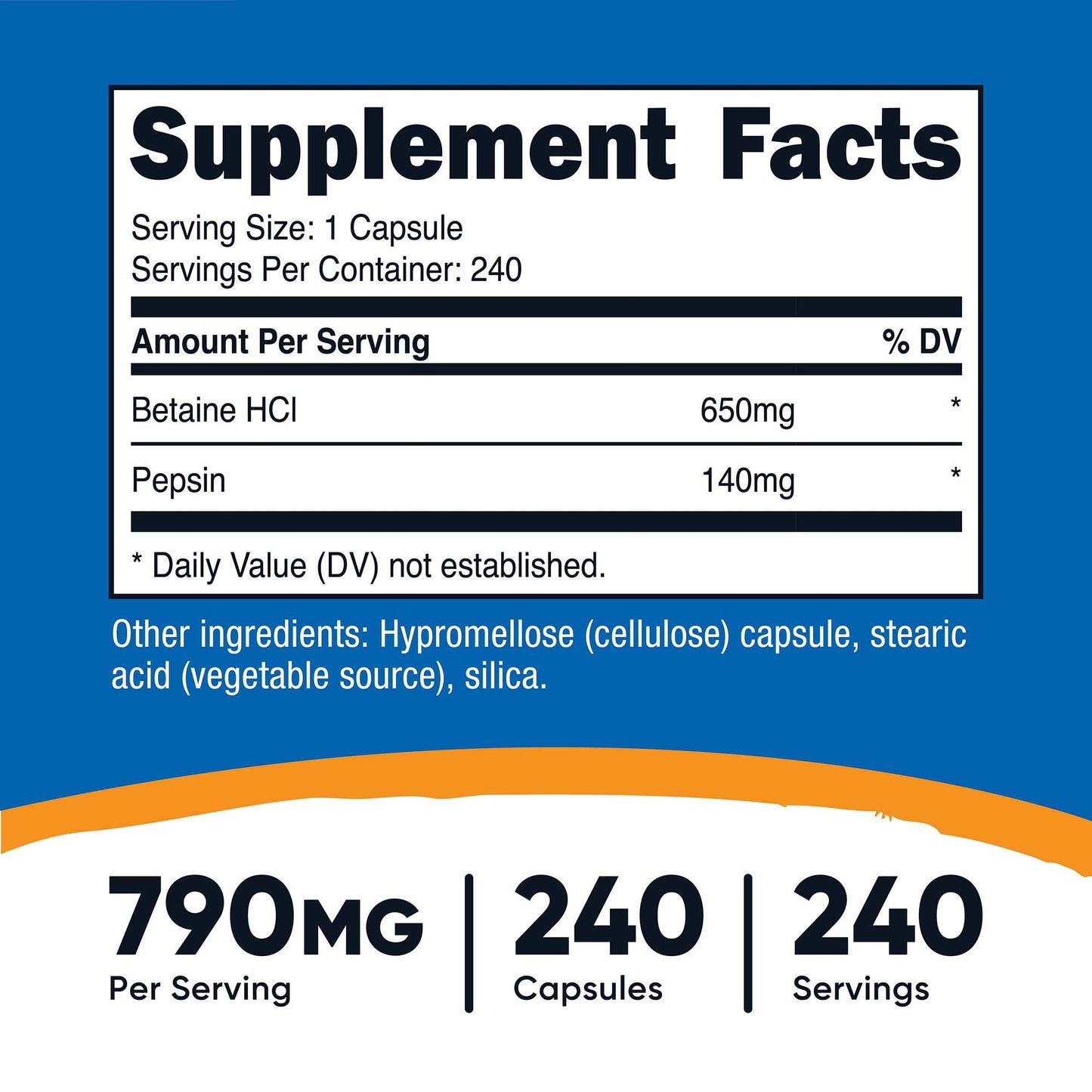 Dietary Supplement nutricost® Betaine HCl / Pepsin 790 mg Strength Capsule 240 Per Bottle