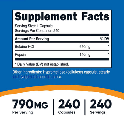 Dietary Supplement nutricost® Betaine HCl / Pepsin 790 mg Strength Capsule 240 Per Bottle