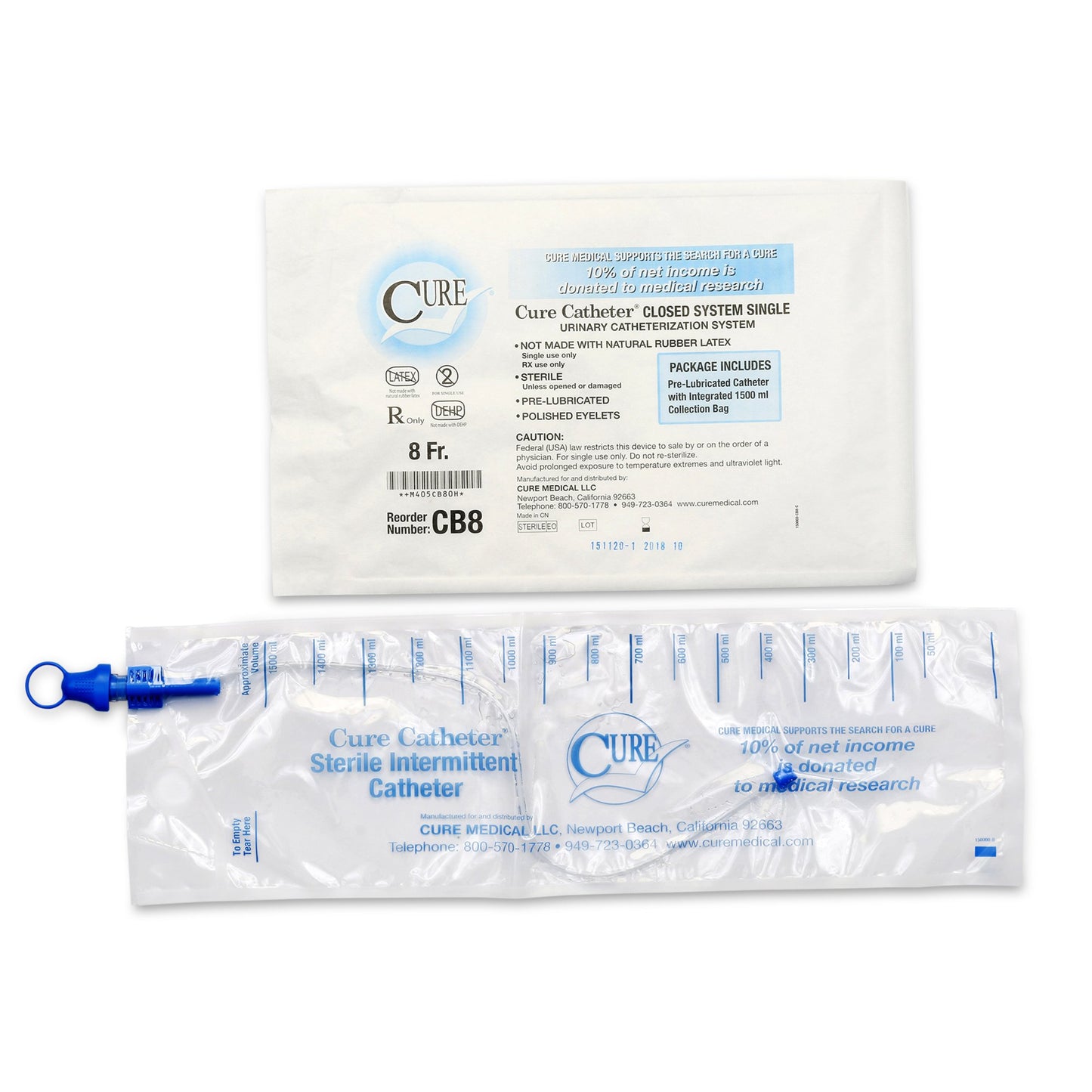 Intermittent Closed System Catheter Cure Catheter® Closed System Unisex / Straight Tip 8 Fr. Without Balloon