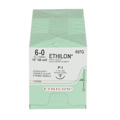 Ethicon 697G Nonabsorbable Suture with Needle Ethilon™ Nylon P-1 3/8 Circle Precision Reverse Cutting Needle Size 6-0 Monofilament