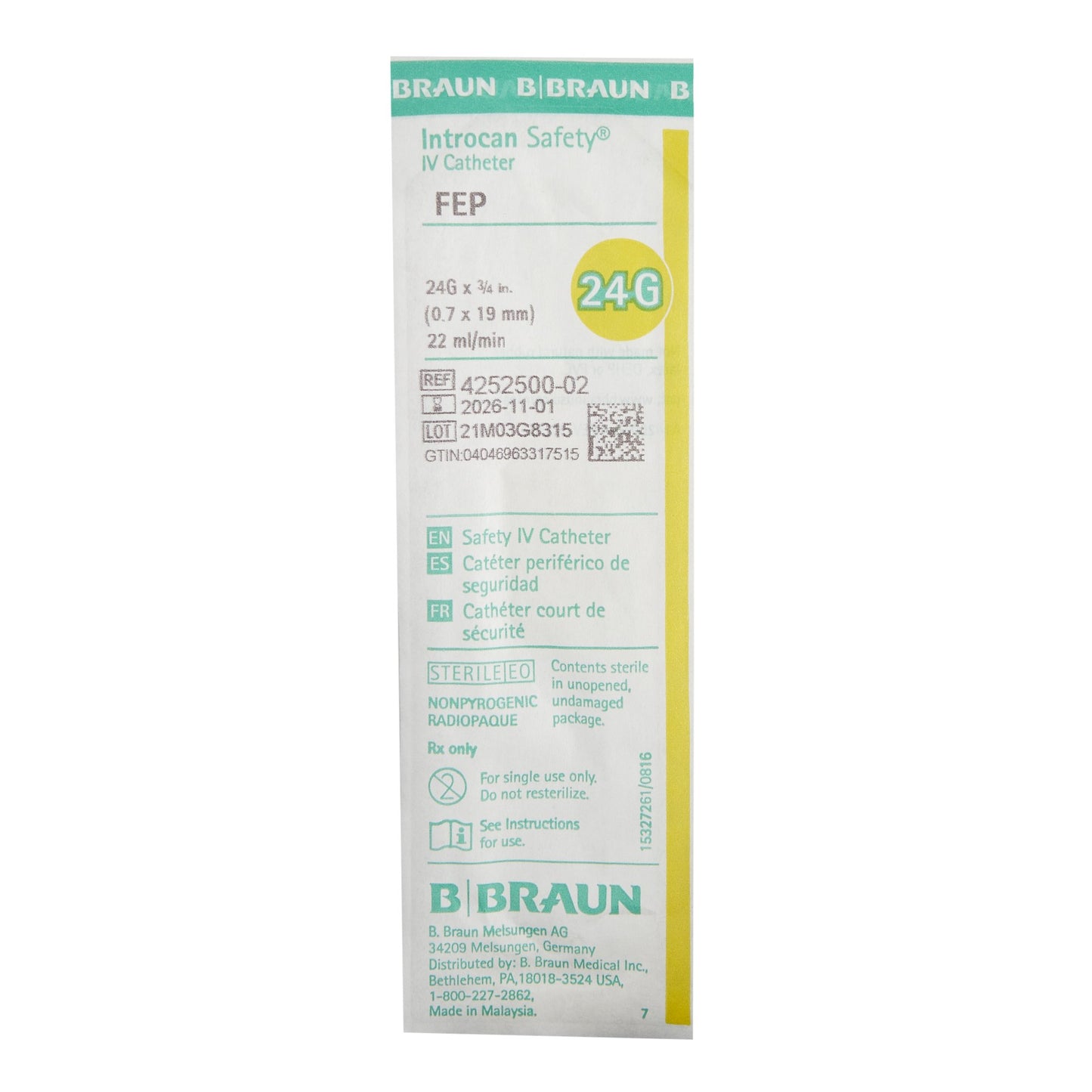 Introcan Safety® Peripheral IV Catheter, 24 Gauge, Straight