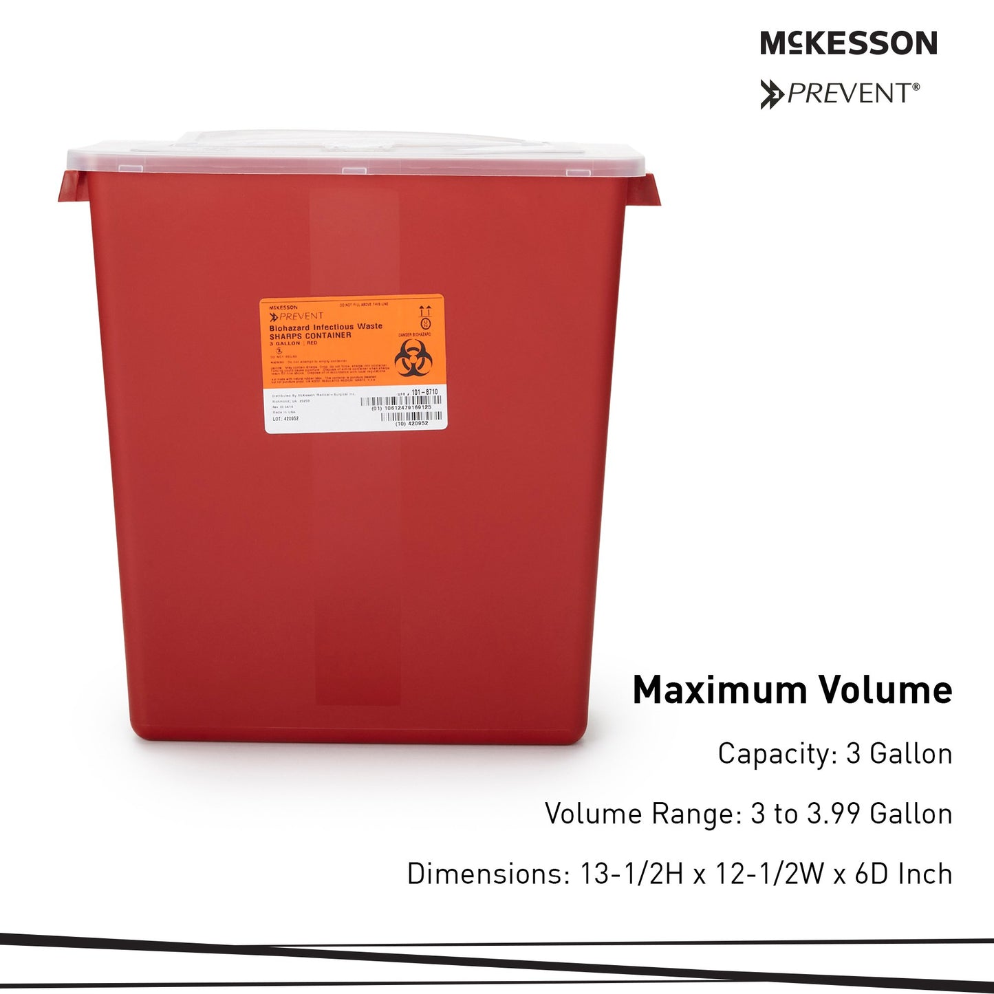 McKesson Prevent® Multi-purpose Sharps Container, 3 Gallon, 13.5 x 12.5 x 6 Inch