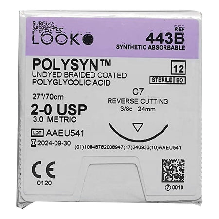 Surgical Specialties 443B Polyglycolic Acid Absorbable Suture with Needle, Reverse Cutting Braided