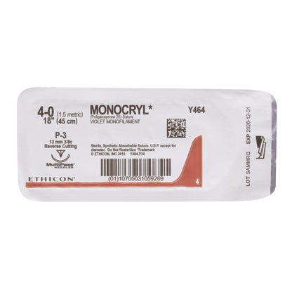 Ethicon Absorbable Suture with Needle Monocryl™ Poliglecaprone P-3 3/8 Circle Precision Reverse Cutting Needle Size 4-0 Monofilament
