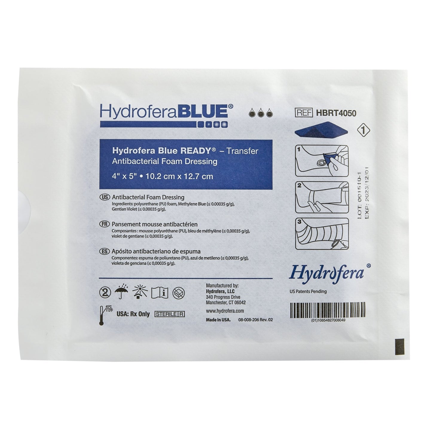 Antibacterial Foam Dressing Hydrofera BLUE® READY-Transfer 4 X 5 Inch Without Border Without Film Backing Nonadhesive Rectangle Sterile