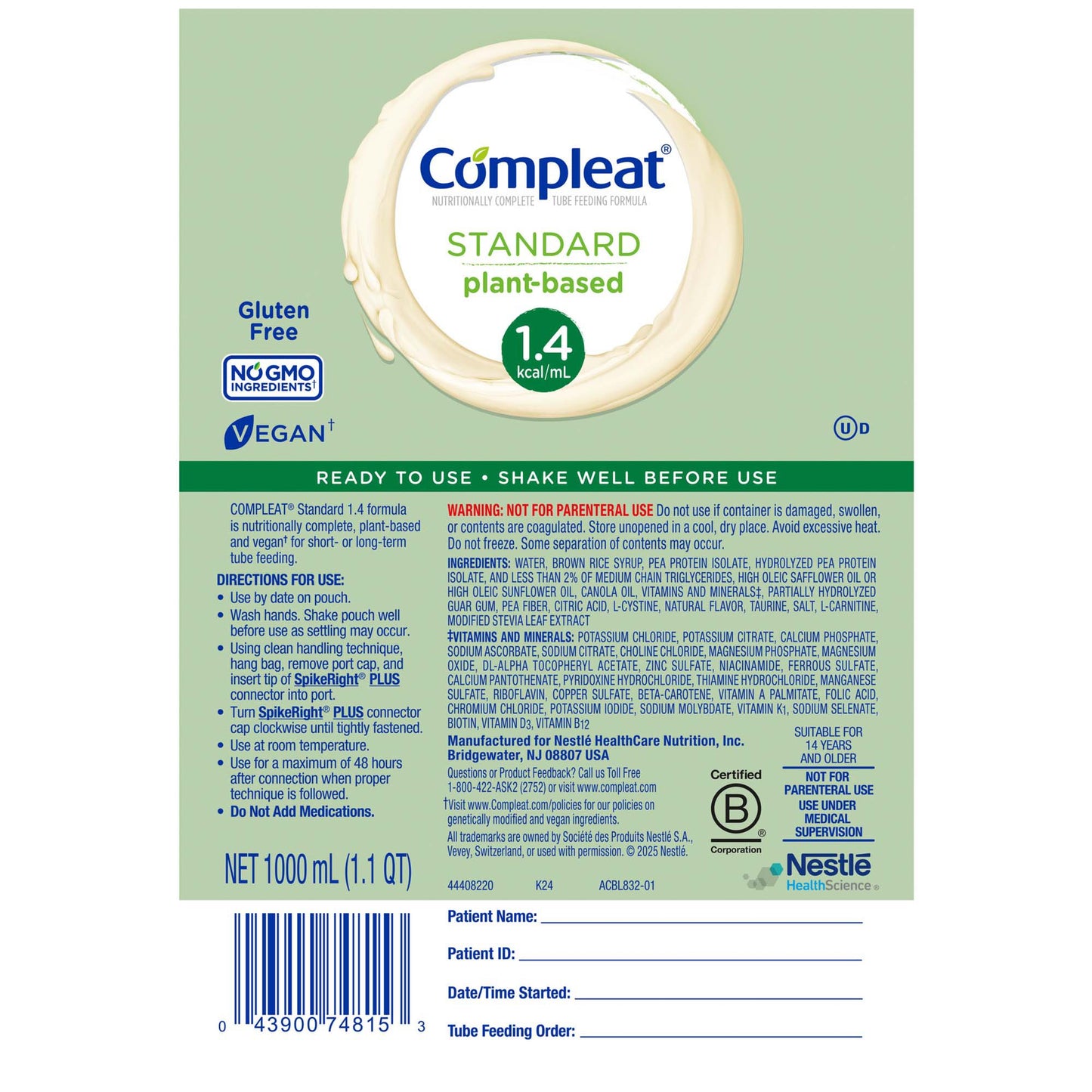 Compleat® Standard 1.4 Cal Plant-Based Tube Feeding Formula, Vanilla, 1000 mL