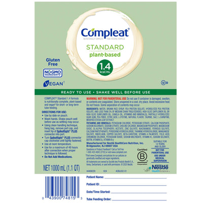 Compleat® Standard 1.4 Cal Plant-Based Tube Feeding Formula, Vanilla, 1000 mL