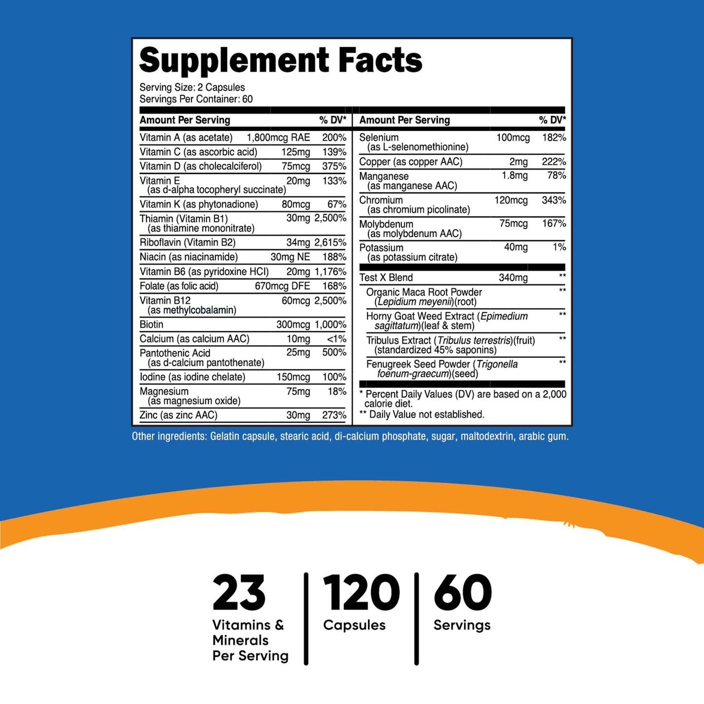 Dietary Supplement nutricost® Multivitamin For Men Vitamin A / C / D / E / K 1,800 mcg - 125 mg - 75 mcg - 20 mg - 80 mcg Strength Capsule 120 Per Bottle