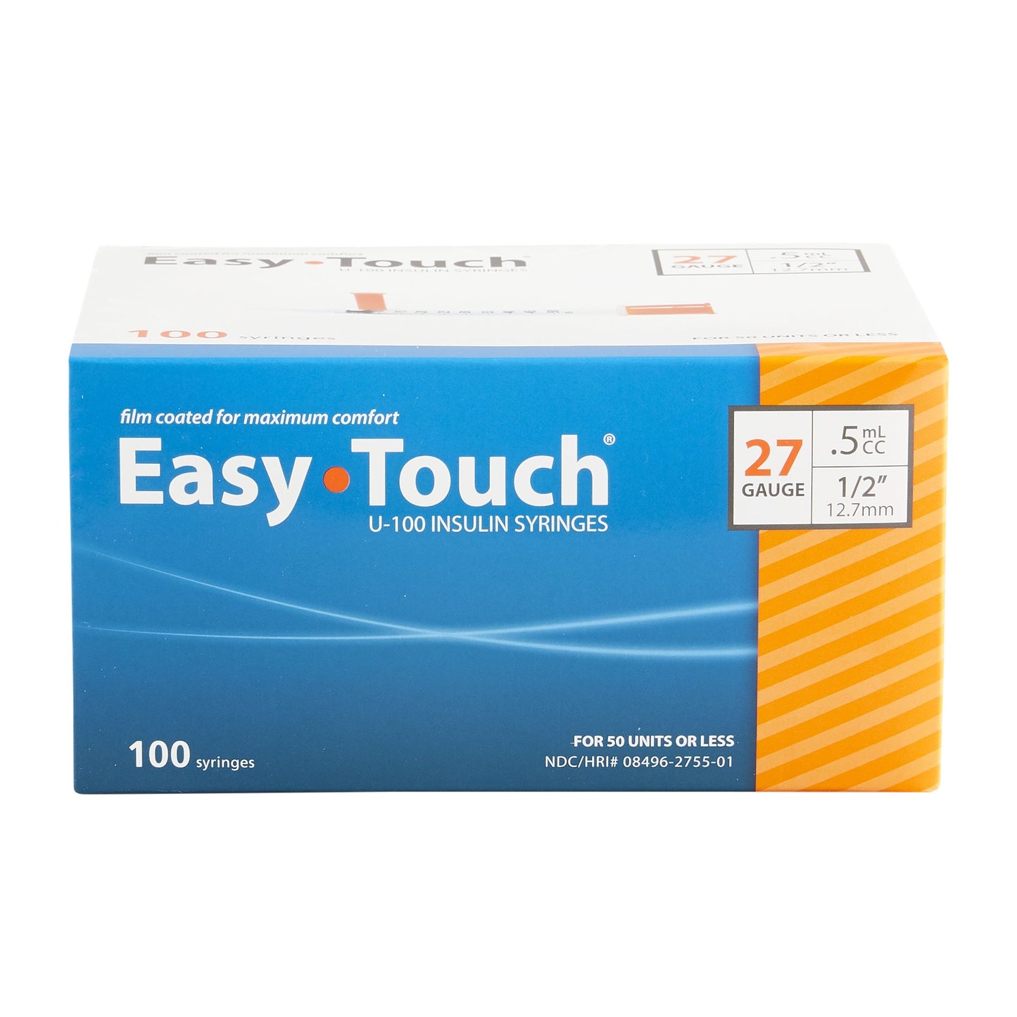 Standard Insulin Syringe with Needle EasyTouch™ 0.5 mL 1/2 Inch 27 Gauge NonSafety Thin Wall