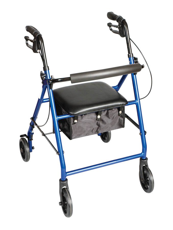 Carex® Classics Four-Wheel Rolling Walker, 6 in. Wheel, 30 - 36 in. Handle, Metallic Blue, 300 lbs