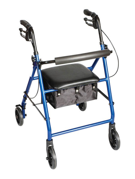 Carex® Classics Four-Wheel Rolling Walker, 6 in. Wheel, 30 - 36 in. Handle, Metallic Blue, 300 lbs