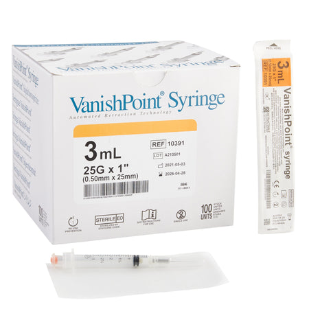Retractable Technologies 10391 VanishPoint 3 mL Syringe with Hypodermic Needle, 25 Gauge
