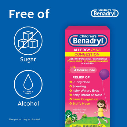 Benadryl® Children's Allergy Plus Congestion Liquid Grape Flavor, 4 ounces