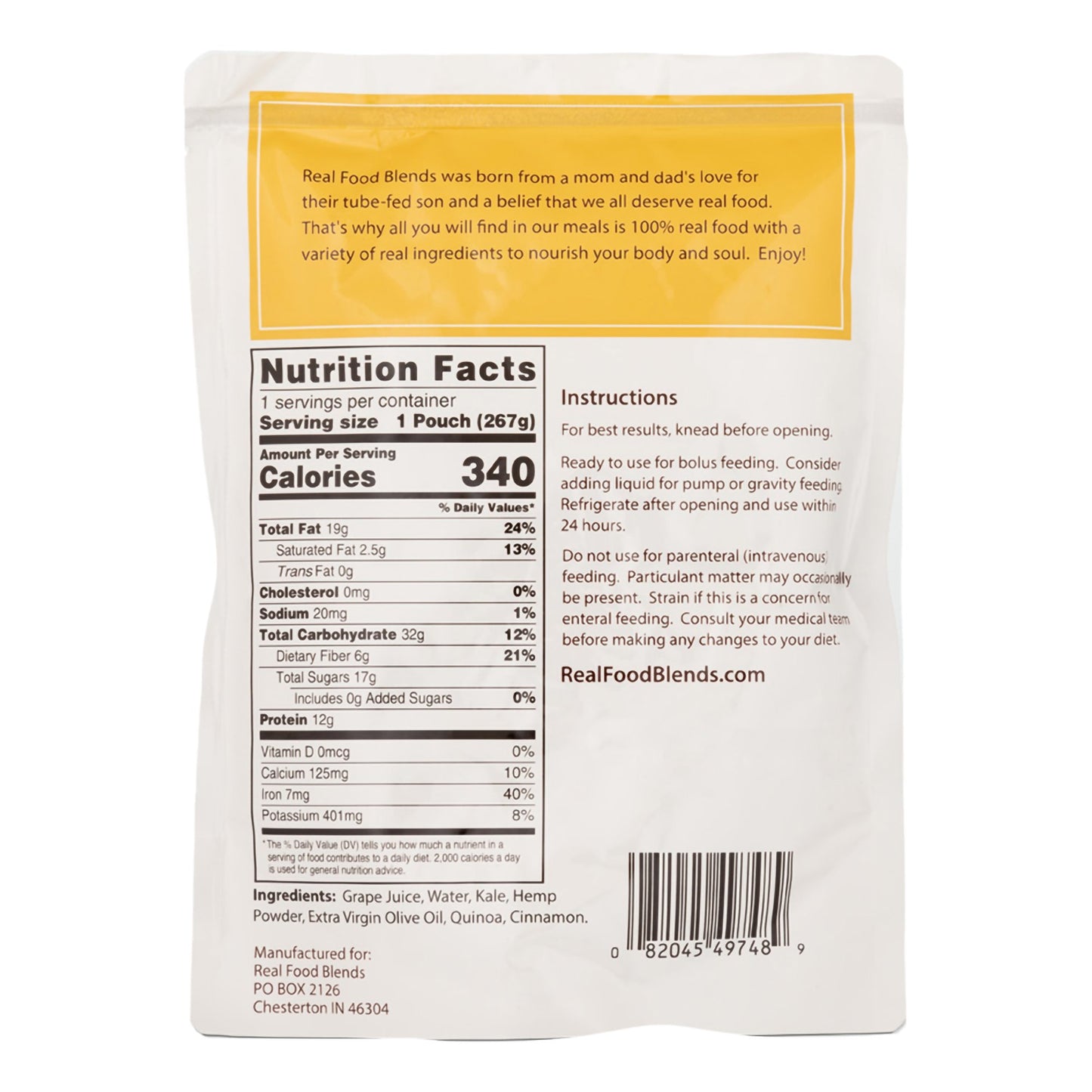 Real Food Blends™ Quinoa, Kale & Hemp Pureed Food Blend for Tube Feed, 9.4-ounce