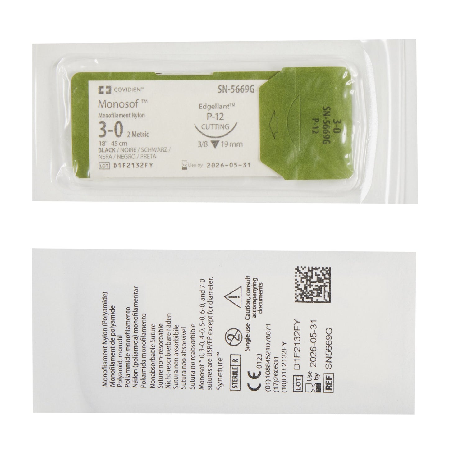 Nonabsorbable Suture with Needle Monosof™ Nylon P-12 3/8 Circle Precision Reverse Cutting Needle Size 3-0 Monofilament