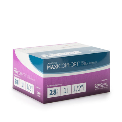 MaxiComfort® II Standard Insulin 1mL Syringe with Needle, 28 Gauge, 0.5 Inch