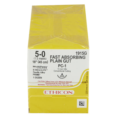 Ethicon 1915G Fast Absorbing Gut Plain Gut PC-1 3/8 Circle Precision Conventional Cutting Needle Size 5-0 Monofilament