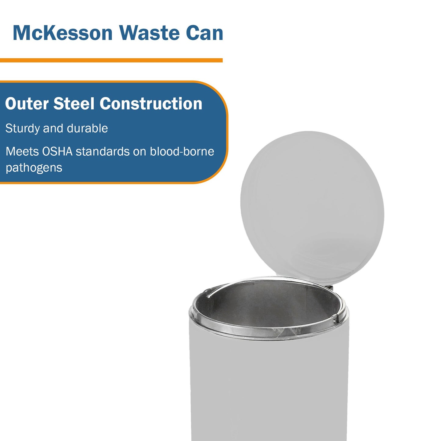 McKesson Trash Can with Plastic Liner, Step-On, Round, Steel, Silver, 32 Qt