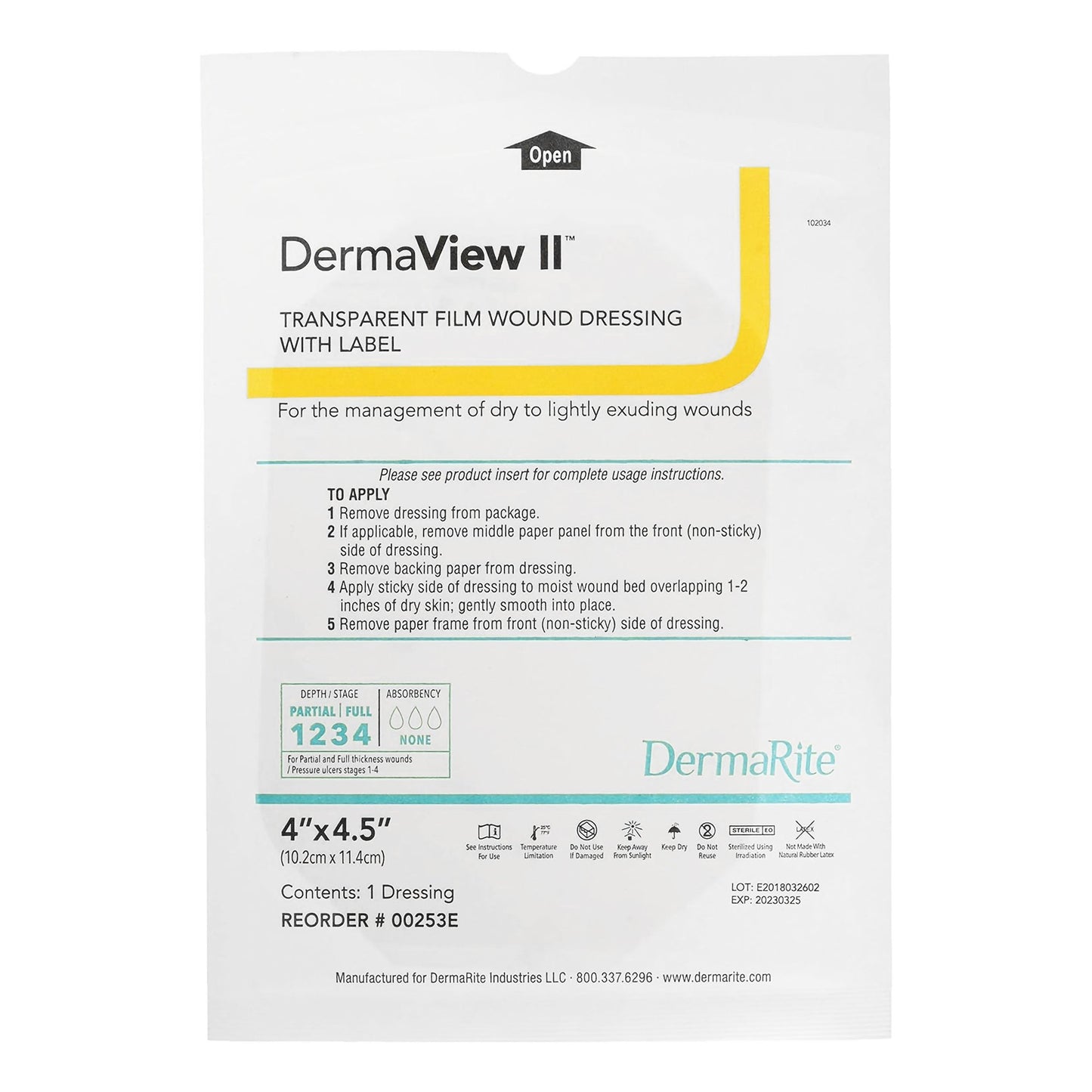 DermaView II™ Transparent Film Dressing with Border, 4 x 4½ Inch